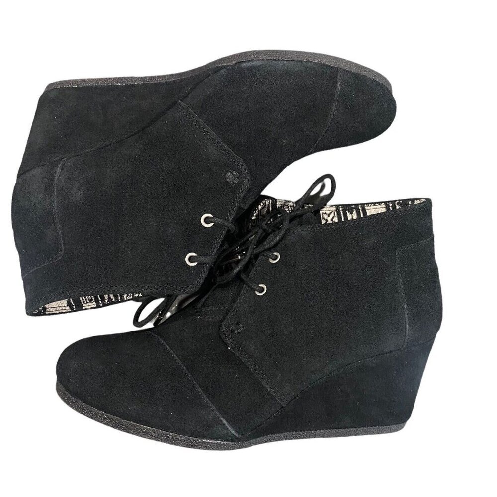 TOMS Women Shoes Size 9 Black Suede Wedges Tie Up Booties Casual Stylish